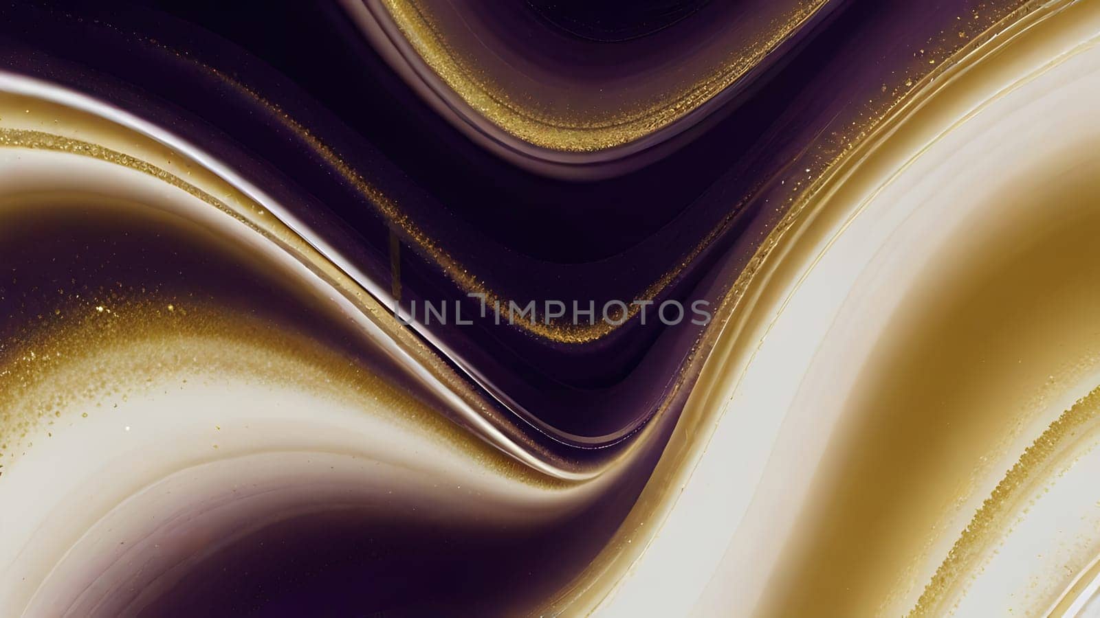 Abstract fluid swirls and curves composition in a harmonious purple, gold and pure white with sense of movement smooth gradient. Abstract fluid background. Generative AI.