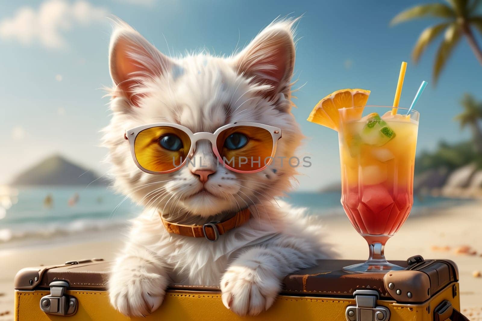 cute kitten with a suitcase at sea with a cocktail in a glass .