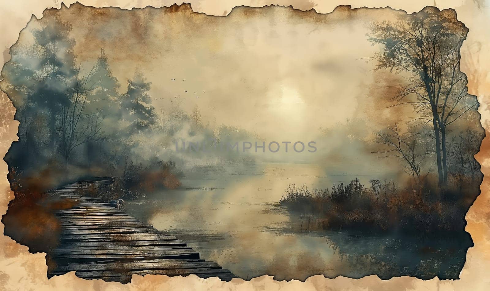 Serene dawn over a fog-covered lake with a wooden path.