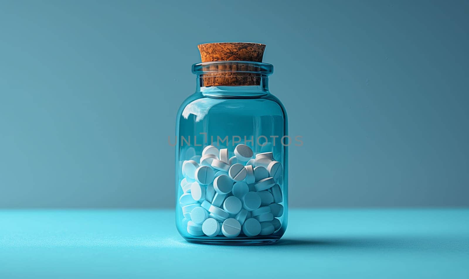 Glass jar overflowing with small white pills.