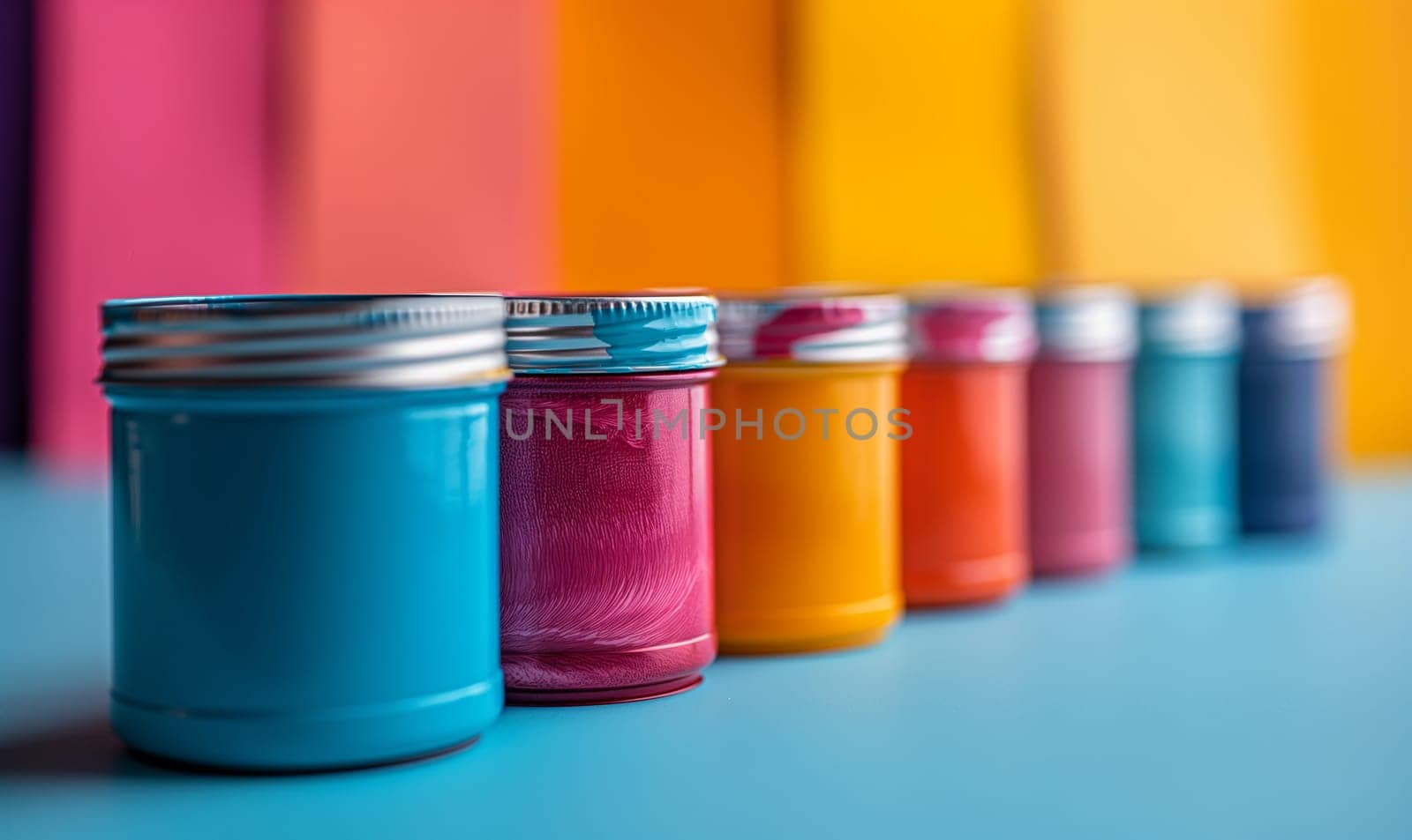 Array of vibrant jars lining a table.