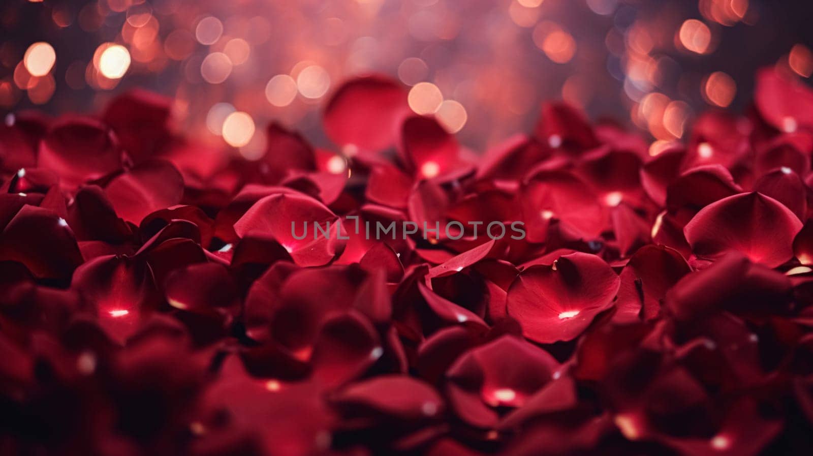 Valentines day background with red rose petals and bokeh lights, symbol of love, romance and commitment inspiration