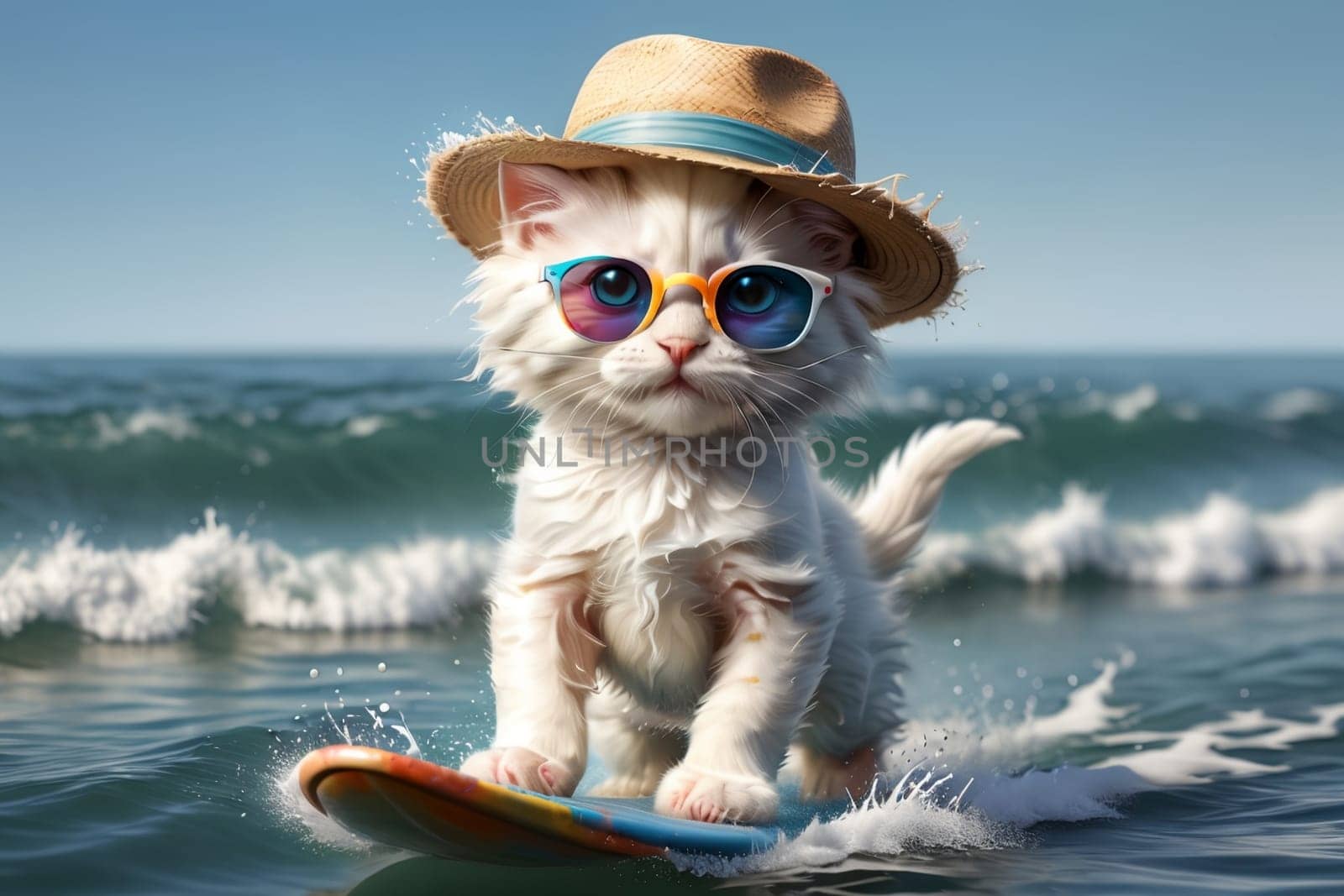 cute kitten surfing at sea, summer holiday .