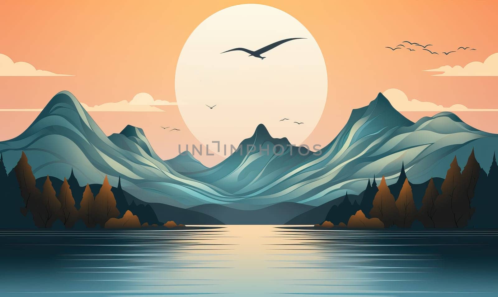 Painting of a mountain lake with a bird in flight.