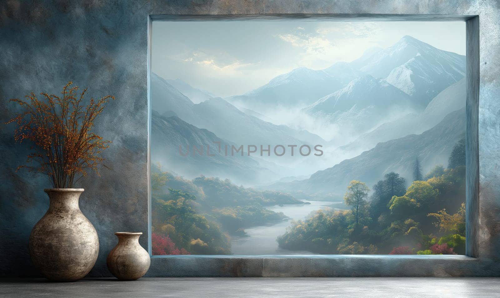 Serene view of mountains and a valley from open window.