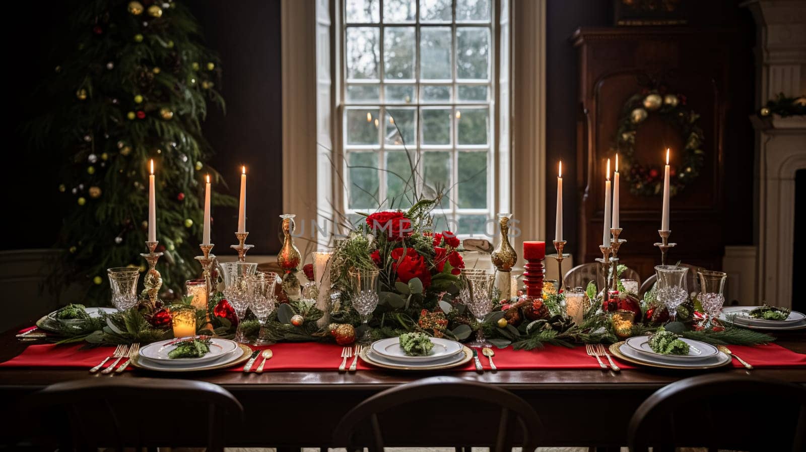 Christmas at the manor, holiday tablescape and dinner table setting, English countryside decoration and festive interior decor