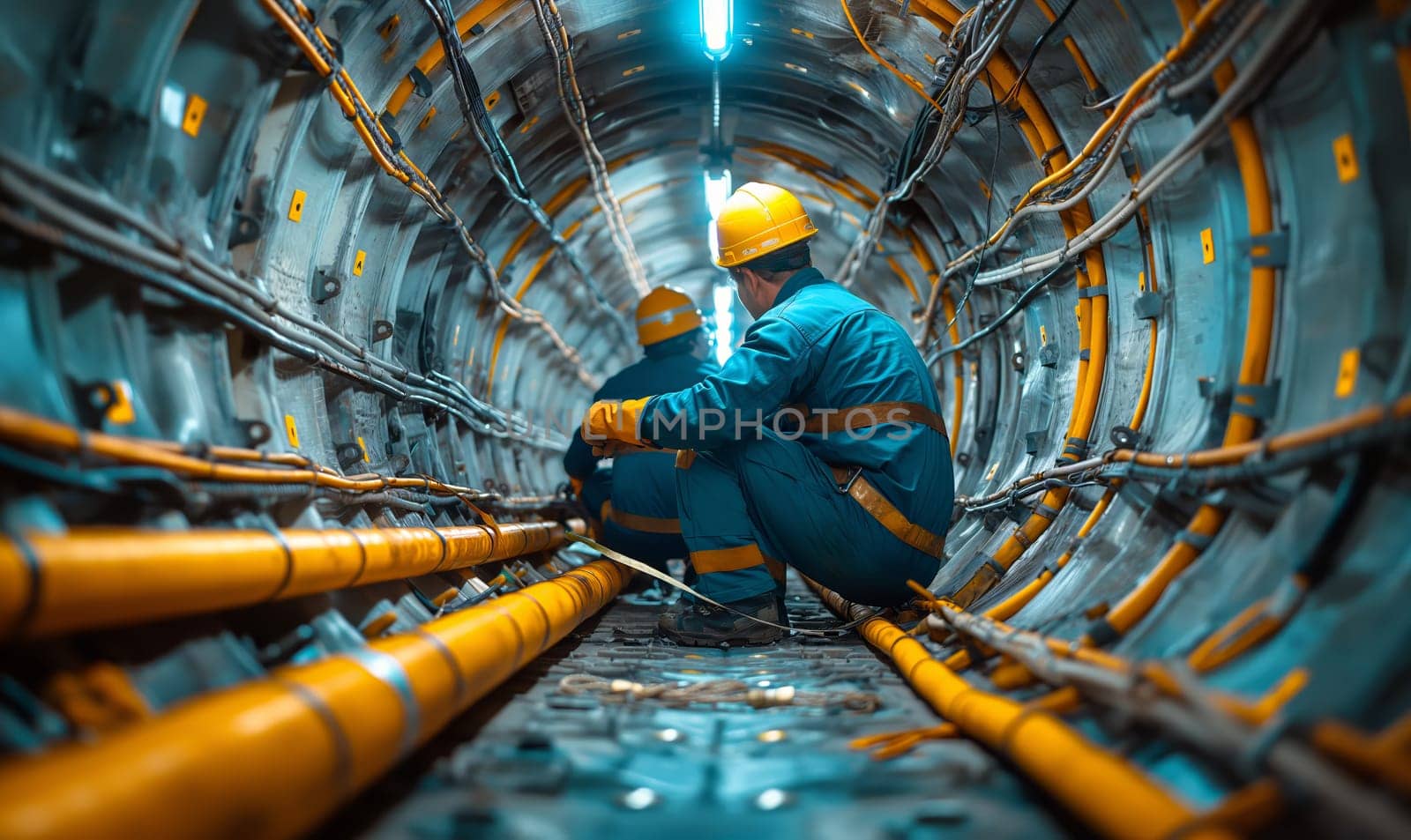 Technician examines piping underground.