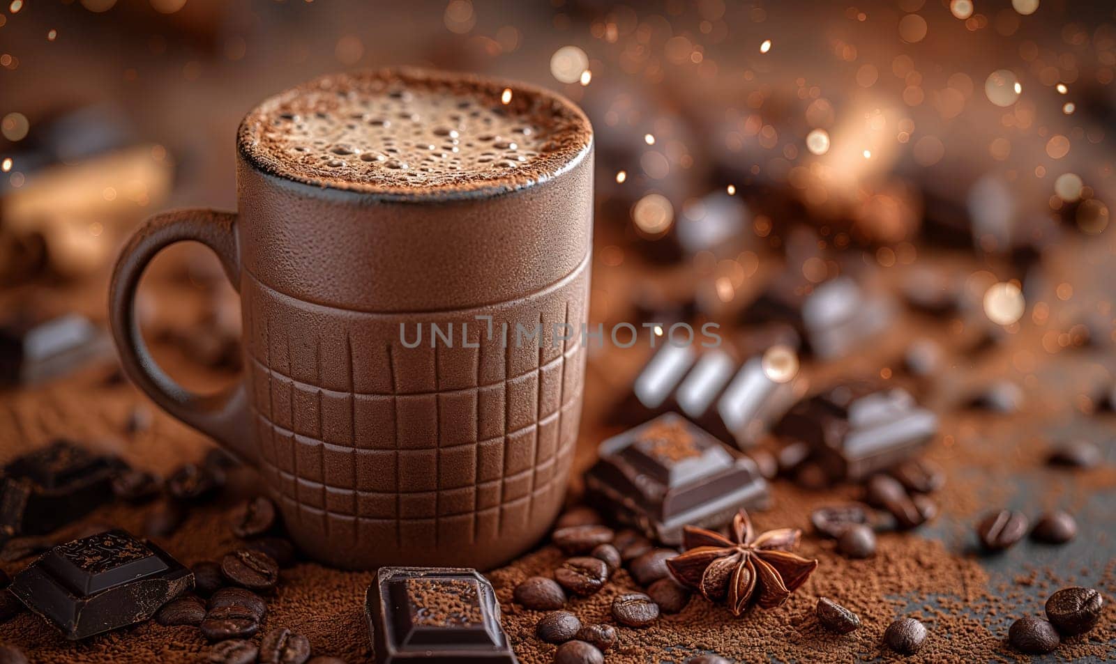 Warm mug of chocolate on a table with spices