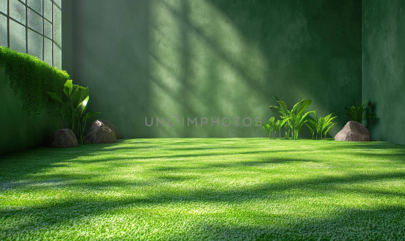 Interior room featuring artificial green grass floor and a single window.
