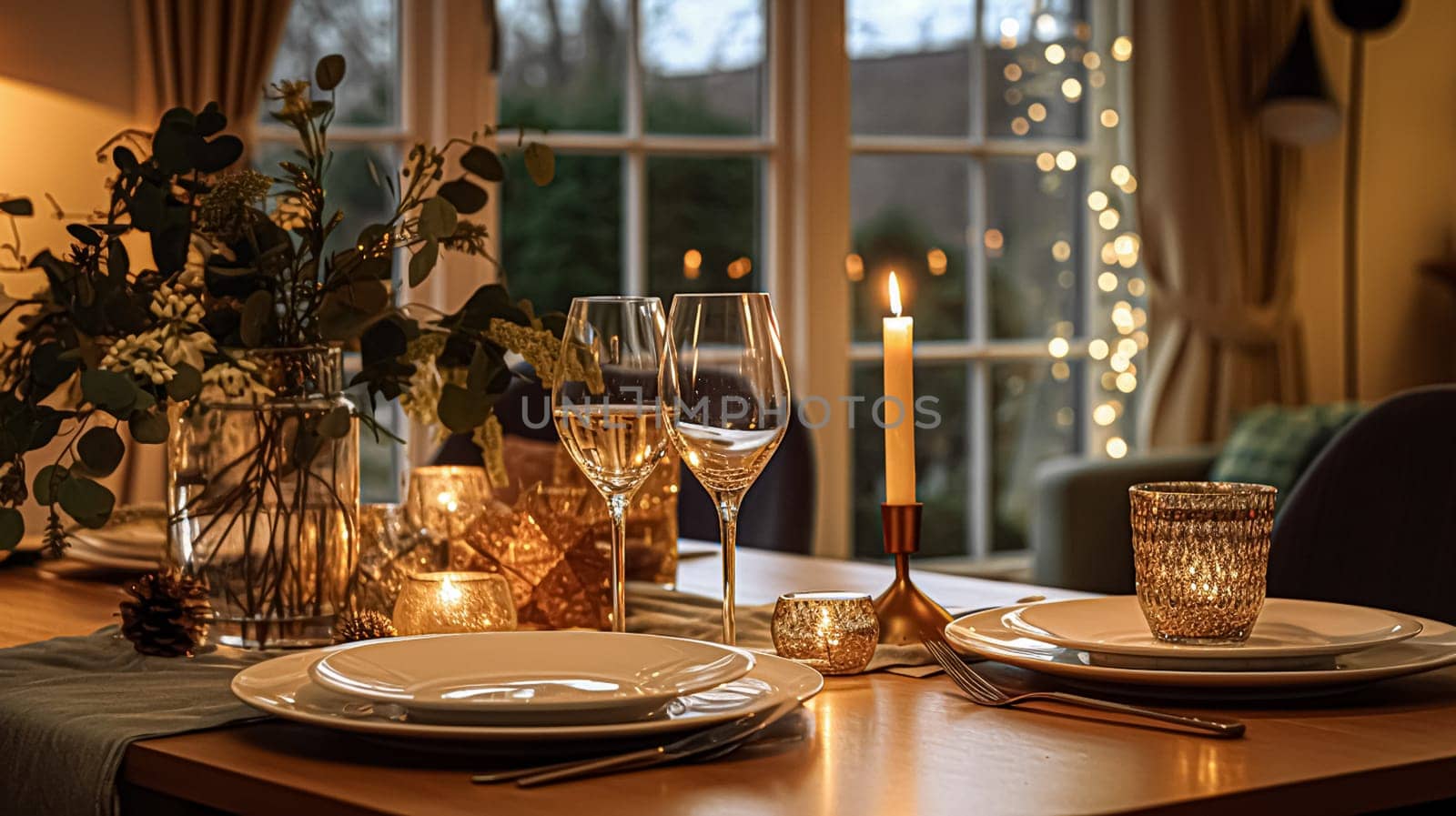 Festive date night tablescape idea, dinner table setting for two and Christmas, New Year, Valentines day decor, English countryside home styling