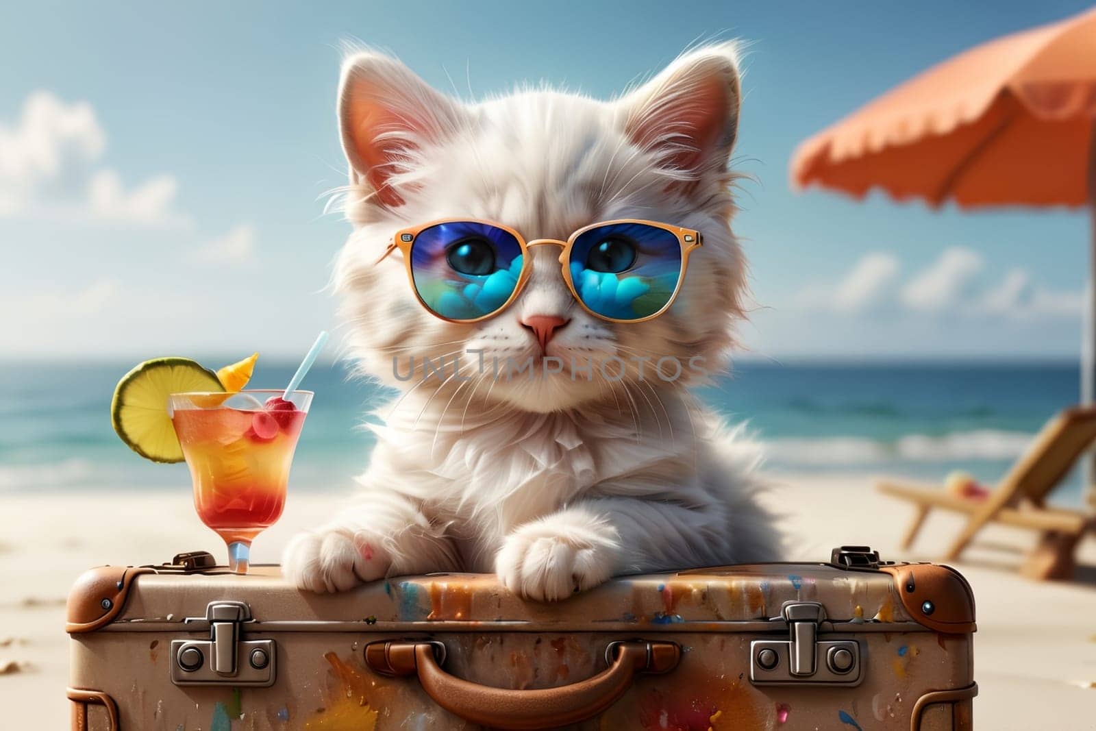 cute kitten with a suitcase at sea with a cocktail in a glass by Rawlik