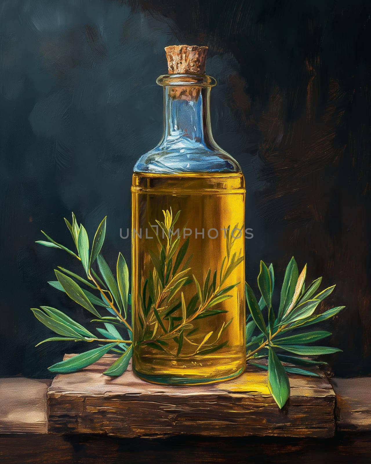 Olive oil bottle with herbs on rustic wooden surface.