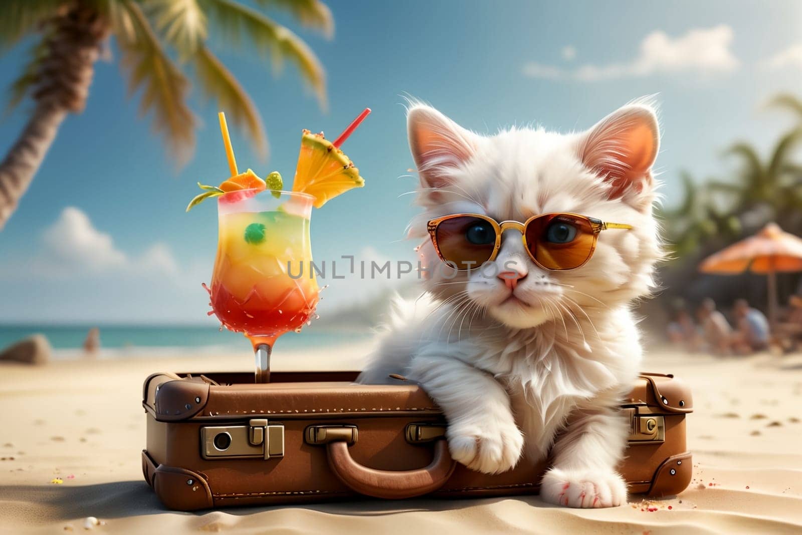 cute kitten with a suitcase at sea with a cocktail in a glass .