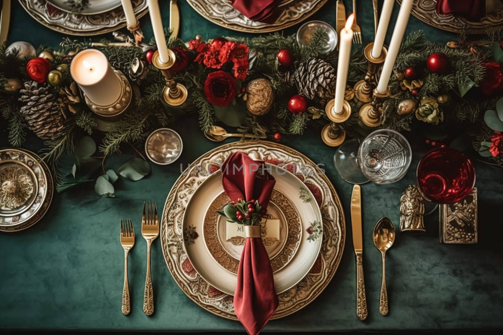 Christmas table scape, elegant formal dinner table setting, tablescape with holiday decoration for party event celebration, post-processed, generative ai