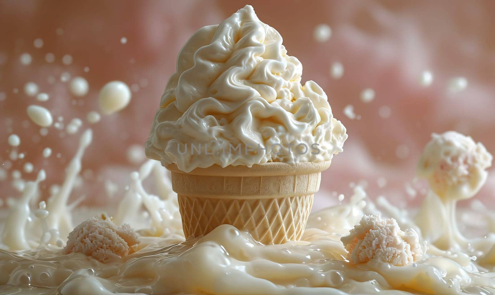 A classic ice cream cone topped with white icing and colorful sprinkles.