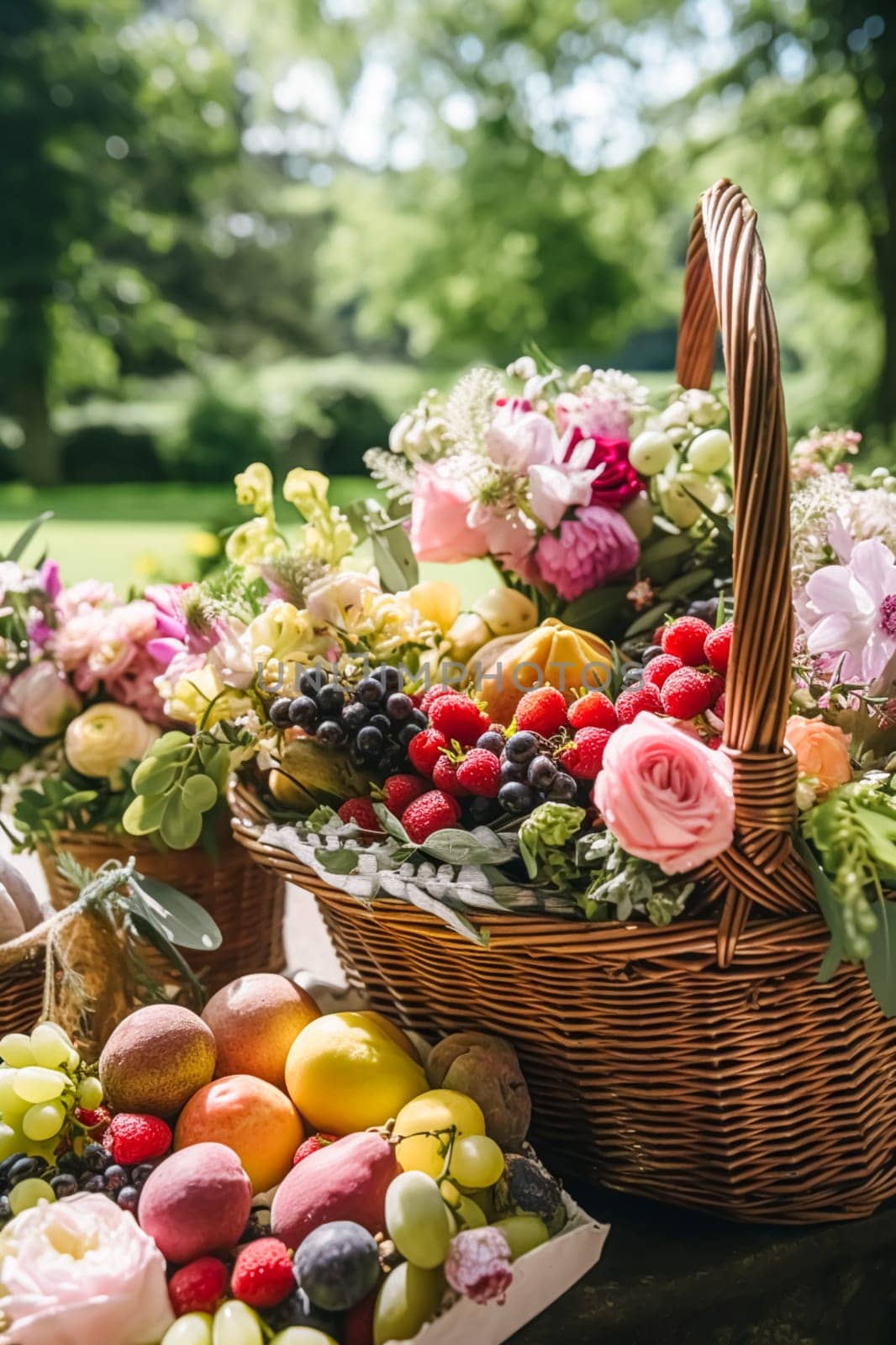 Summer garden harvest, farmers market and country buffet table, cakes and desserts in wicker basket in the garden, food catering for wedding and holiday celebration, floral decor idea
