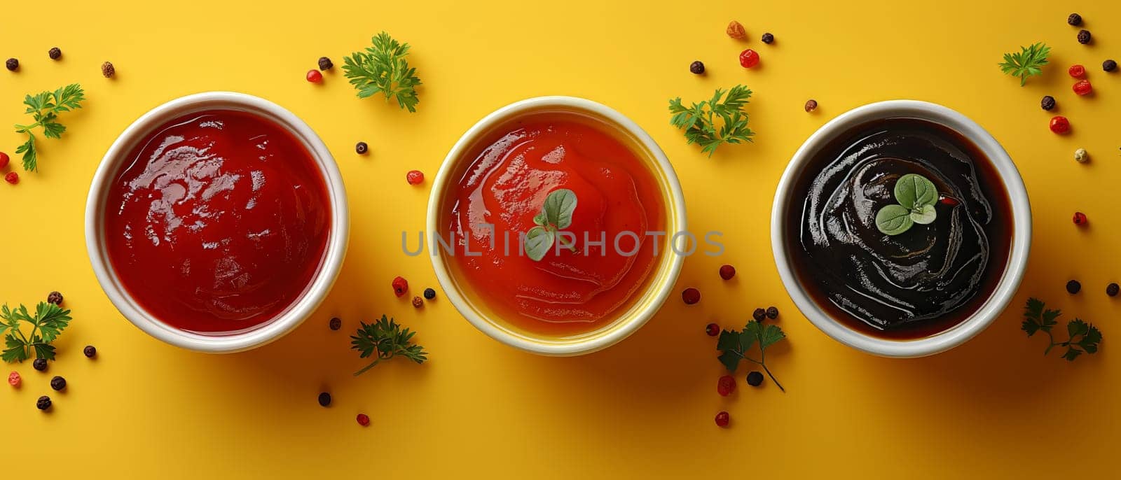 Three bowls filled with different colored sauces arranged neatly on a bright yellow surface.