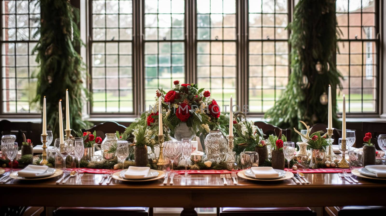 Christmas at the manor, holiday tablescape and dinner table setting, English countryside decoration and festive interior decor