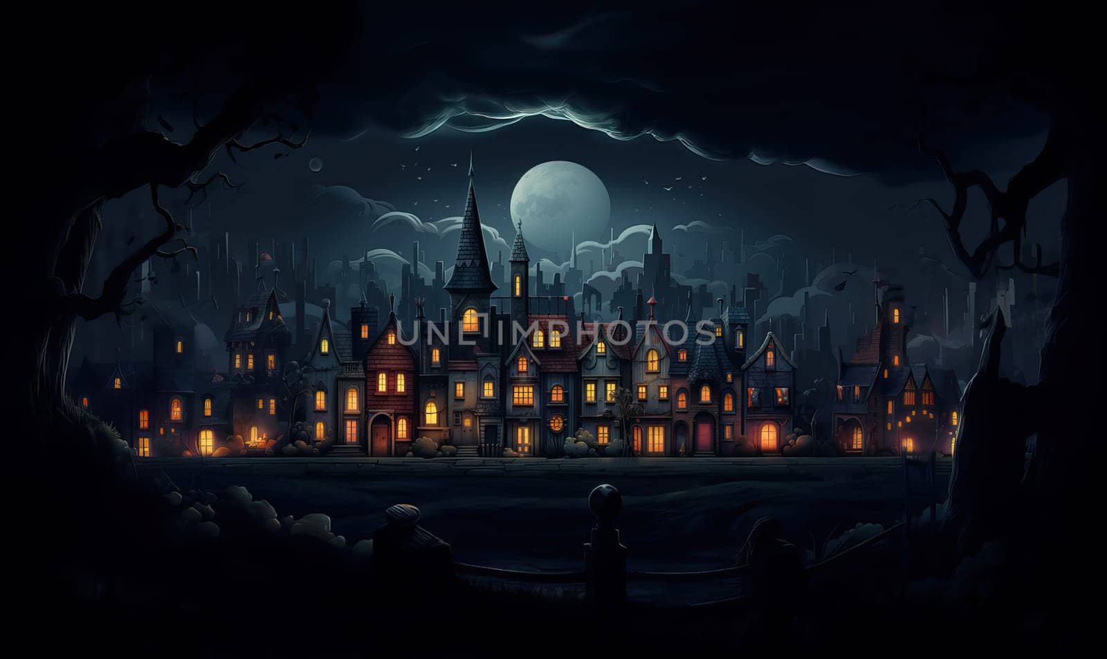 A gothic-style town under a full moonlit sky.