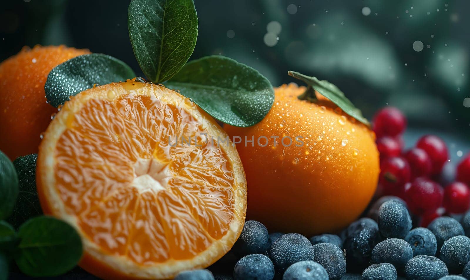 Juicy orange slice with vibrant berries.