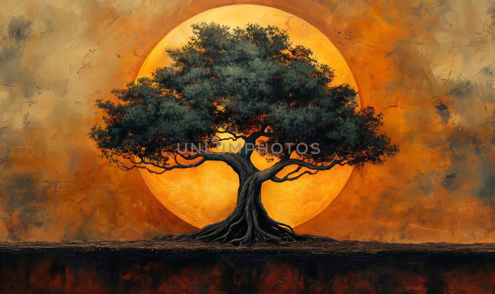 A solitary tree silhouetted by a large sunset.