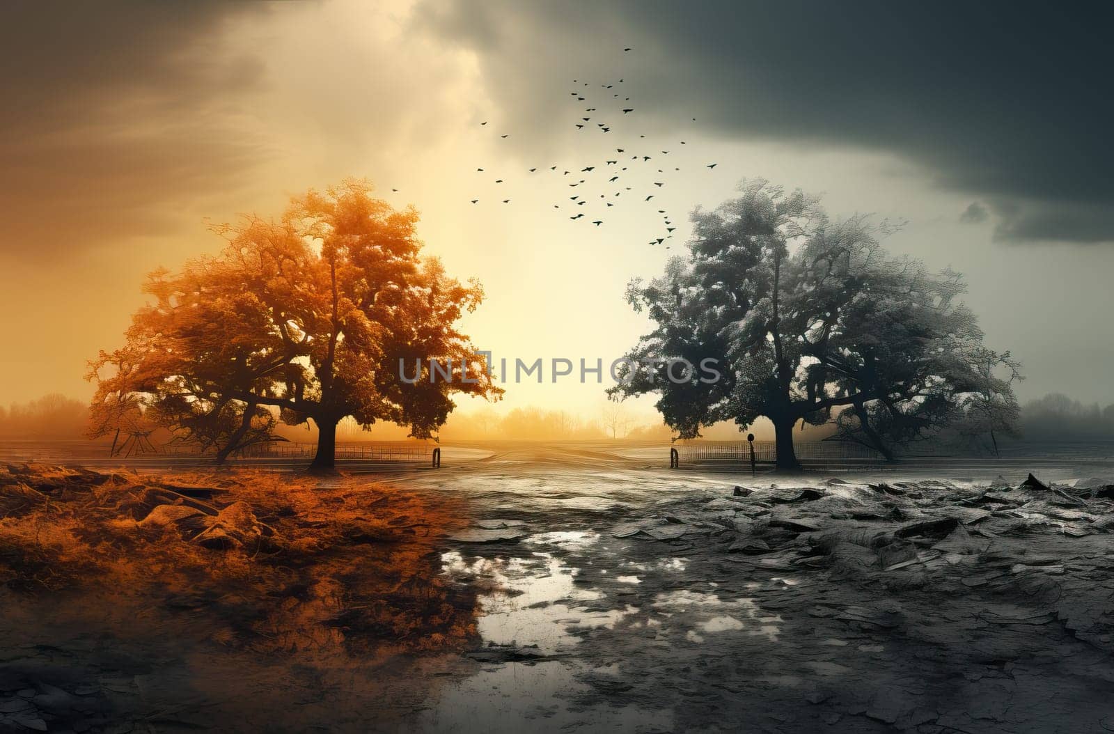 Painting of trees standing tall in a field.
