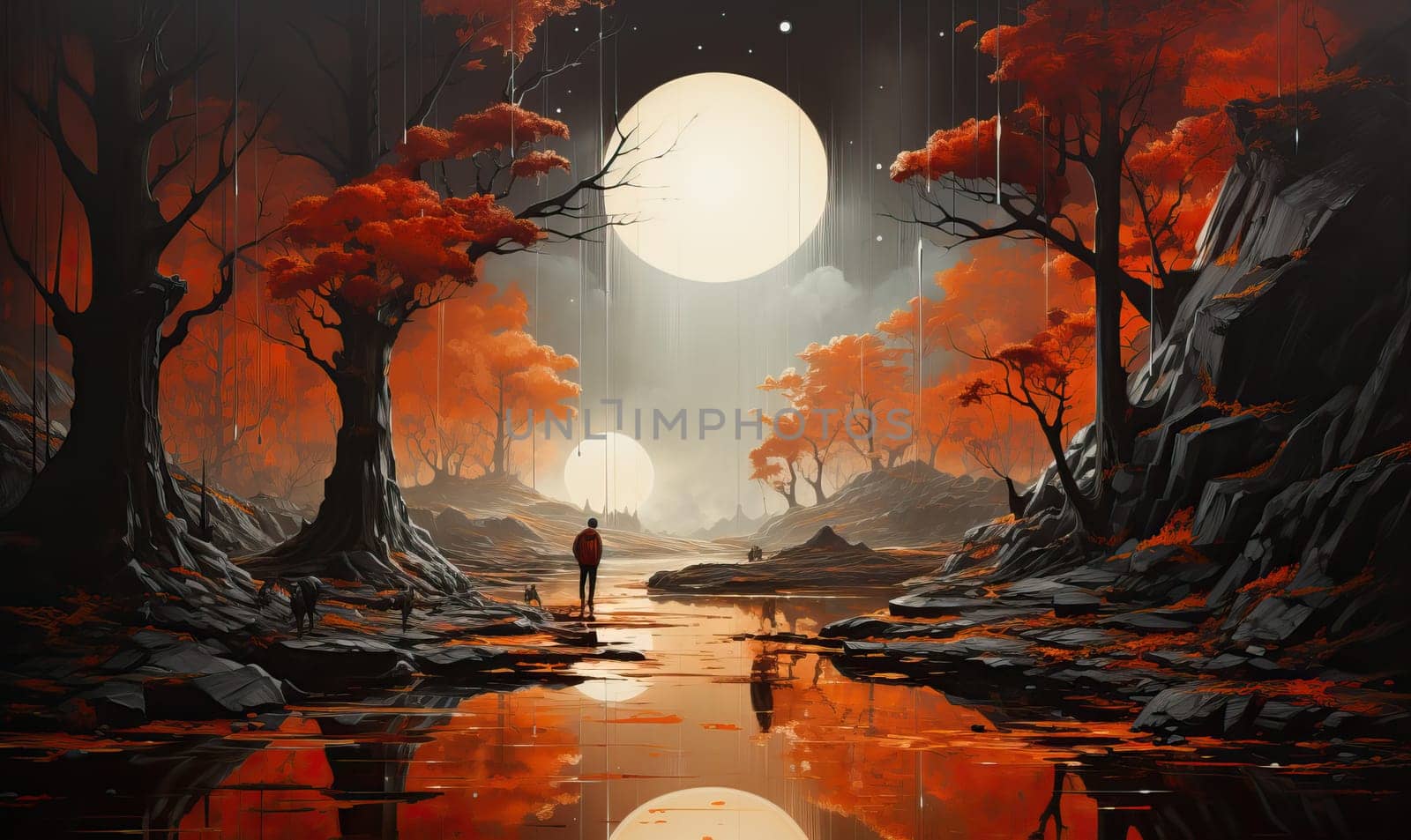 A person standing in the center of a dense forest surrounded by trees.