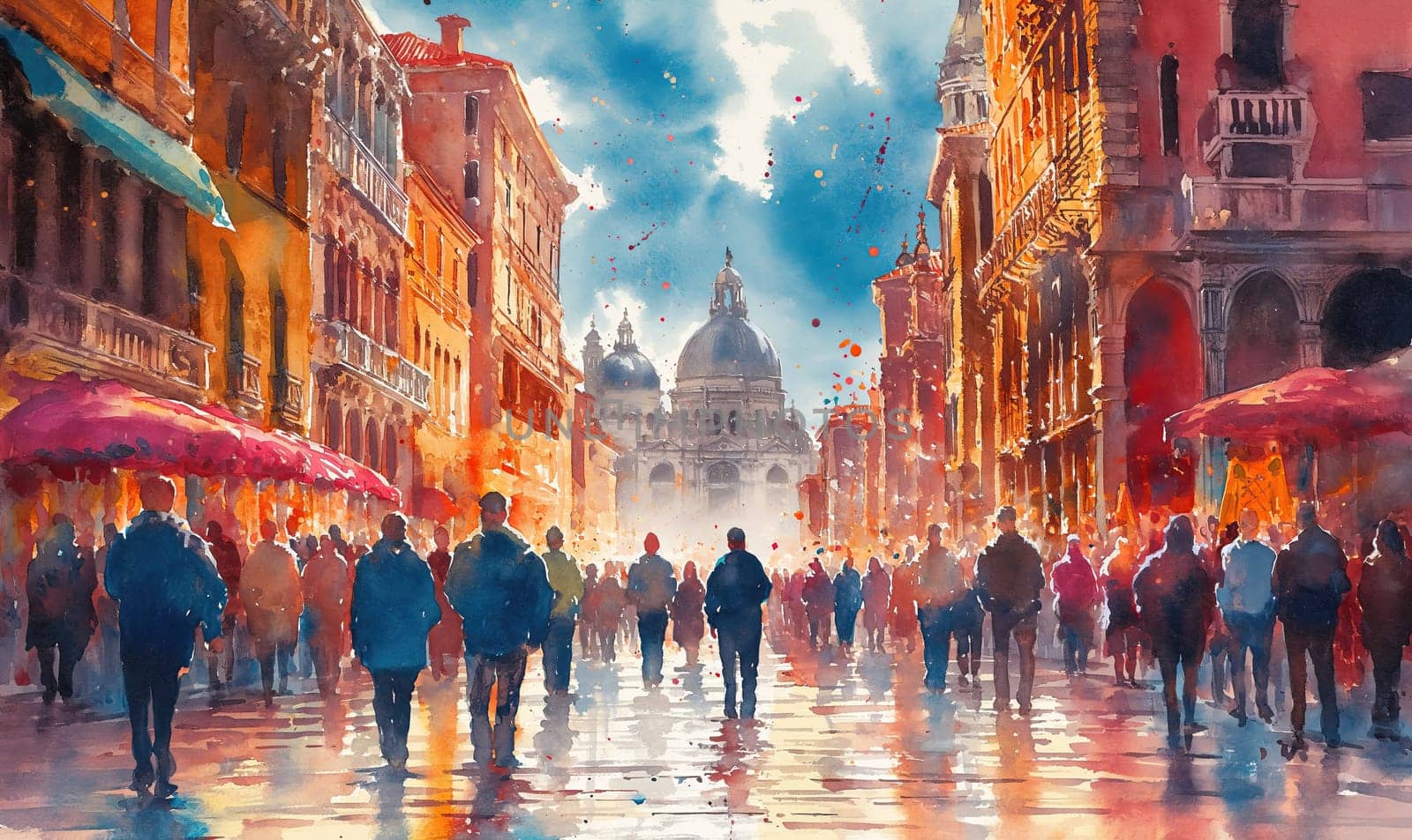 Painting depicting a group of individuals walking along a busy city street.