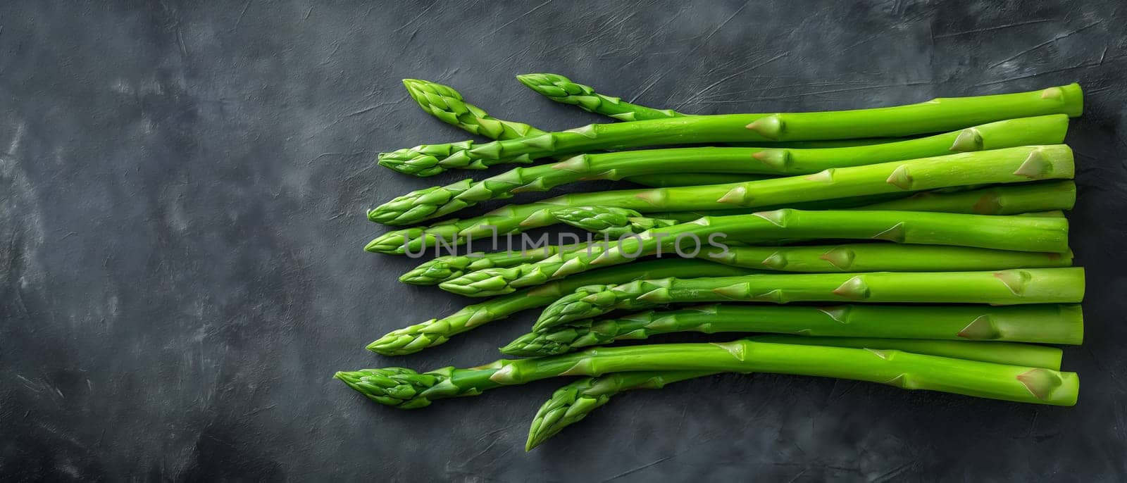 A bunch of green asparagus displayed on a black surface.