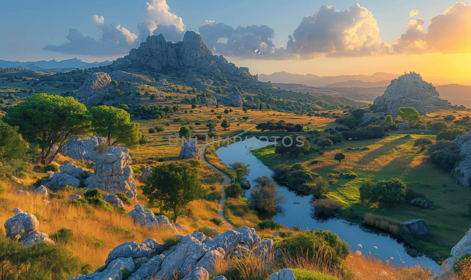 A stunning landscape featuring a river flowing through lush greenery and mountains.