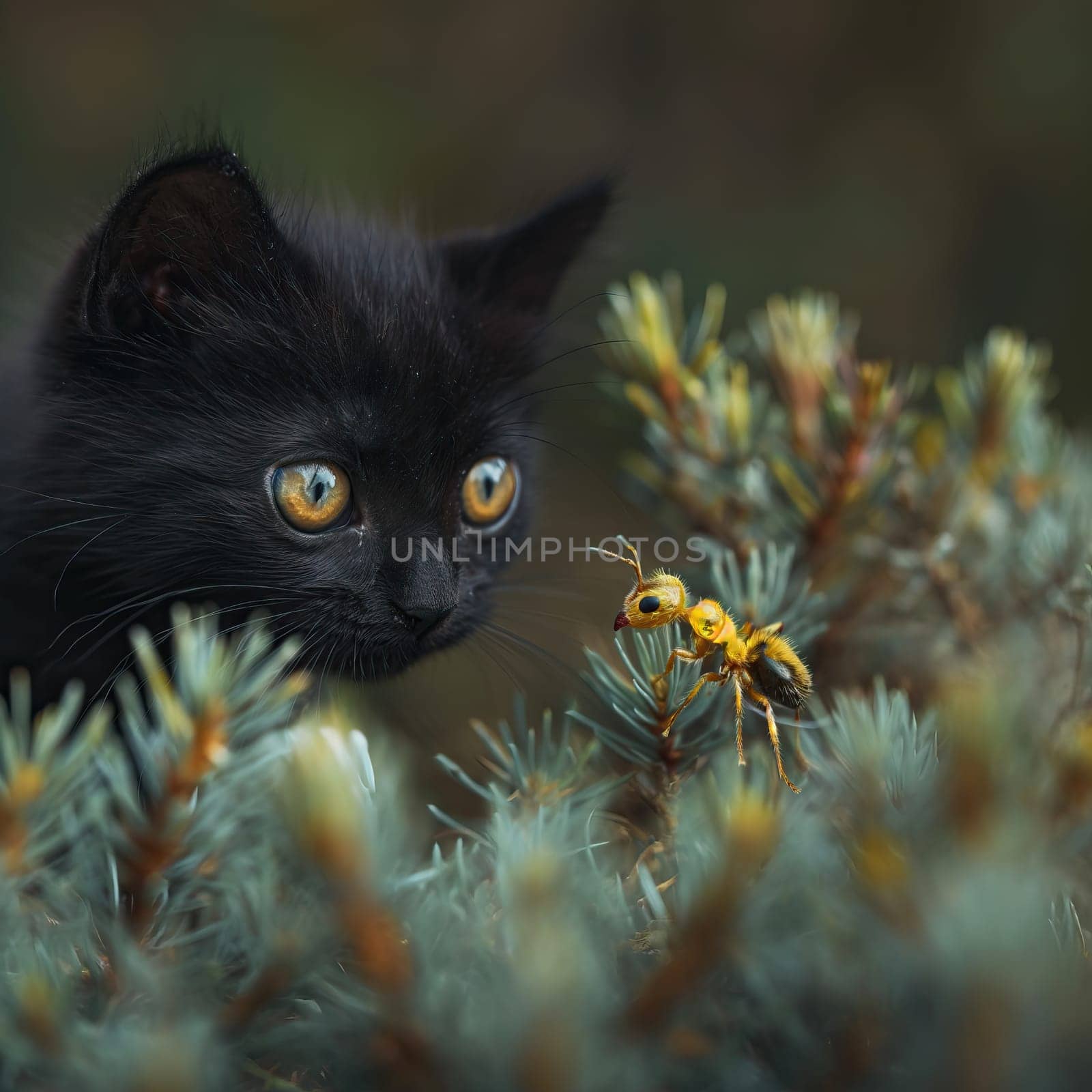 Black cat curiously watches yellow bug.