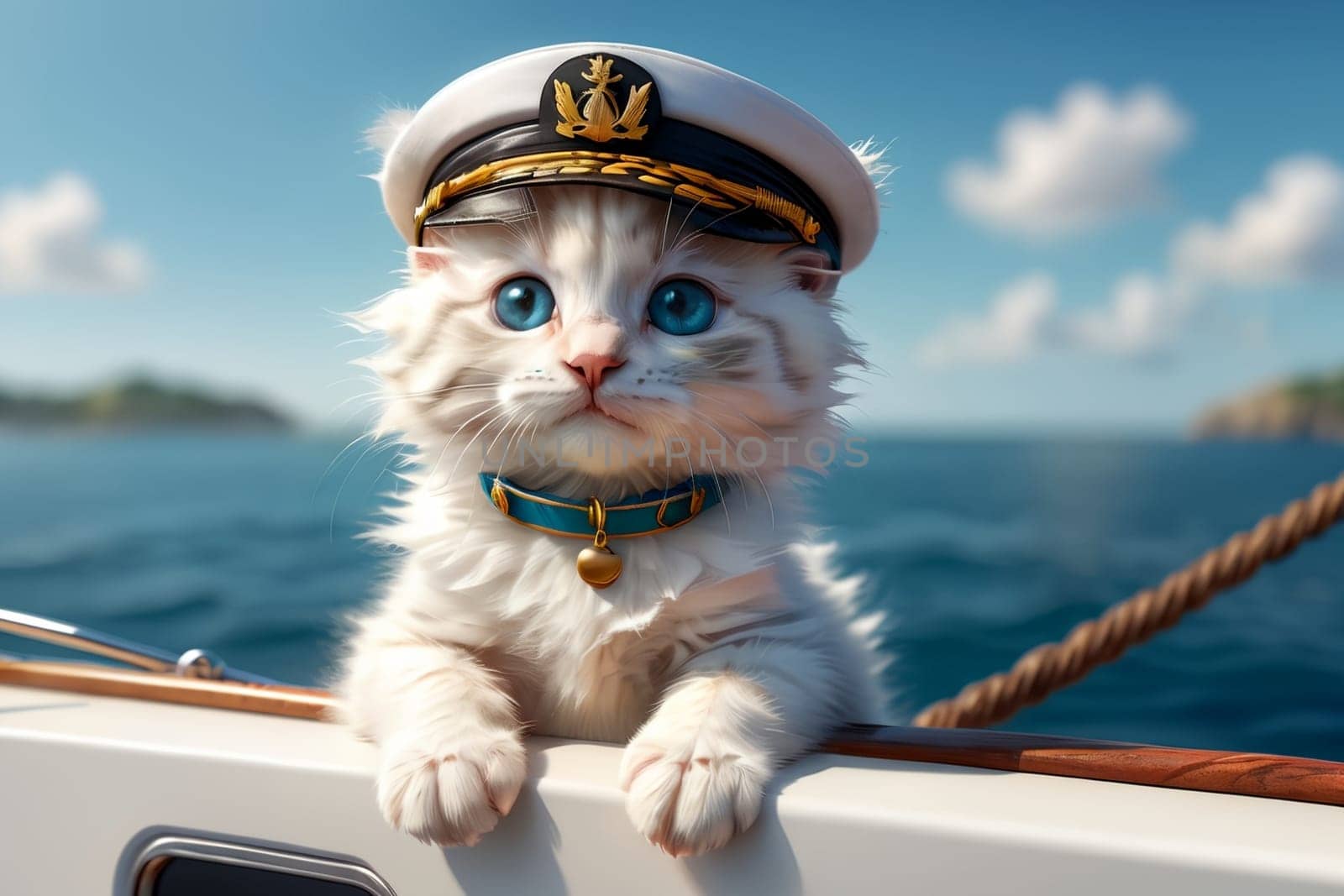 cute kitten captain of a ship at sea, summer vacation .