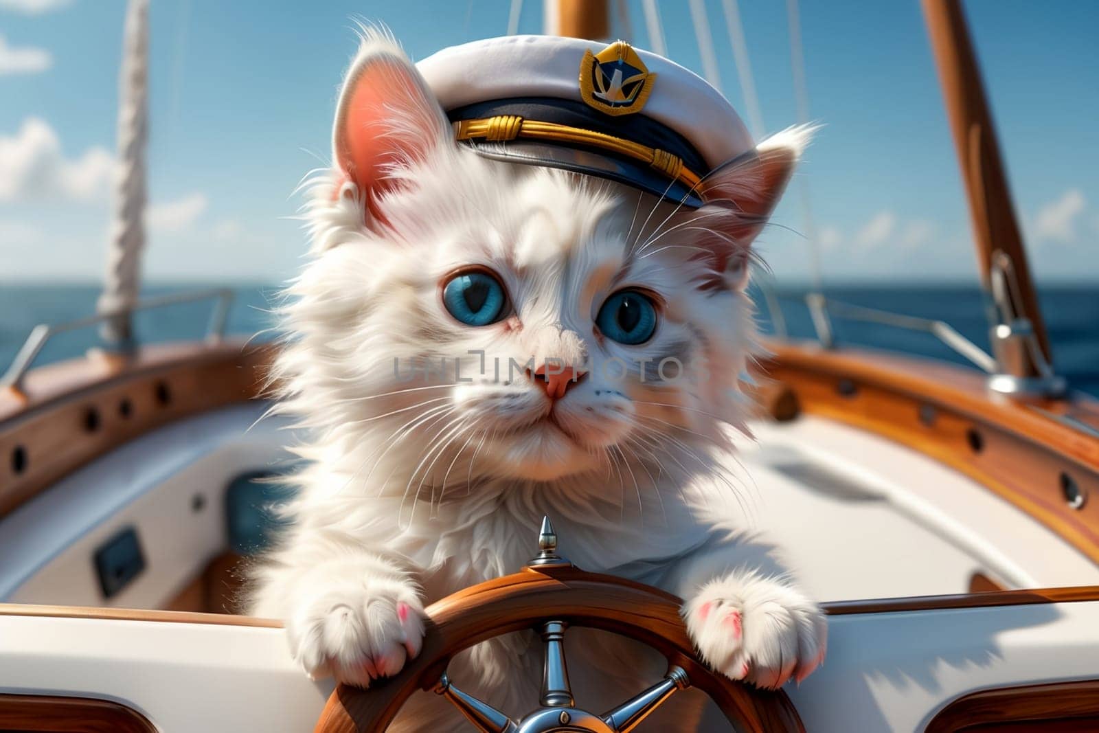 cute kitten captain of a ship at sea, summer vacation .