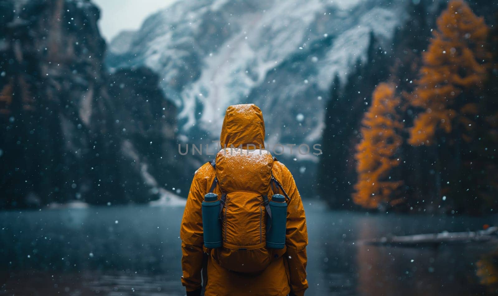 Lone trekker facing snowy peaks at dusk.