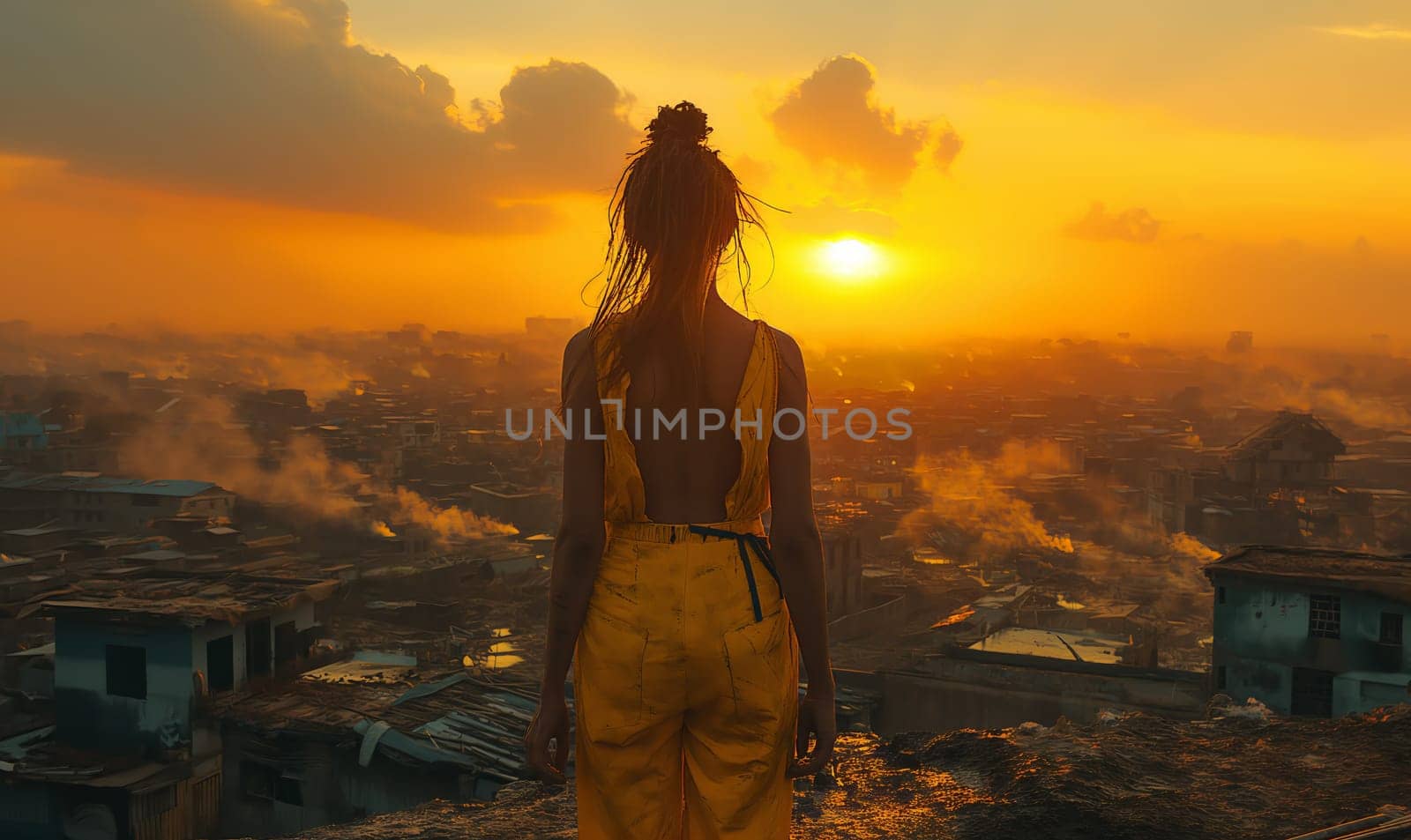 A woman stands on a building against a sunset backdrop.