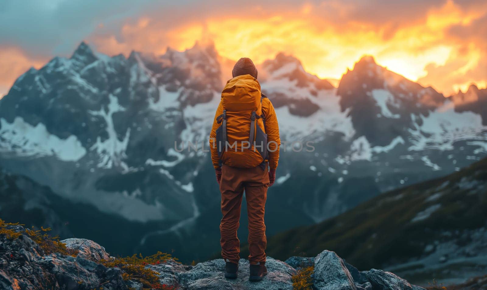 A person standing triumphantly on the summit of a mountain.