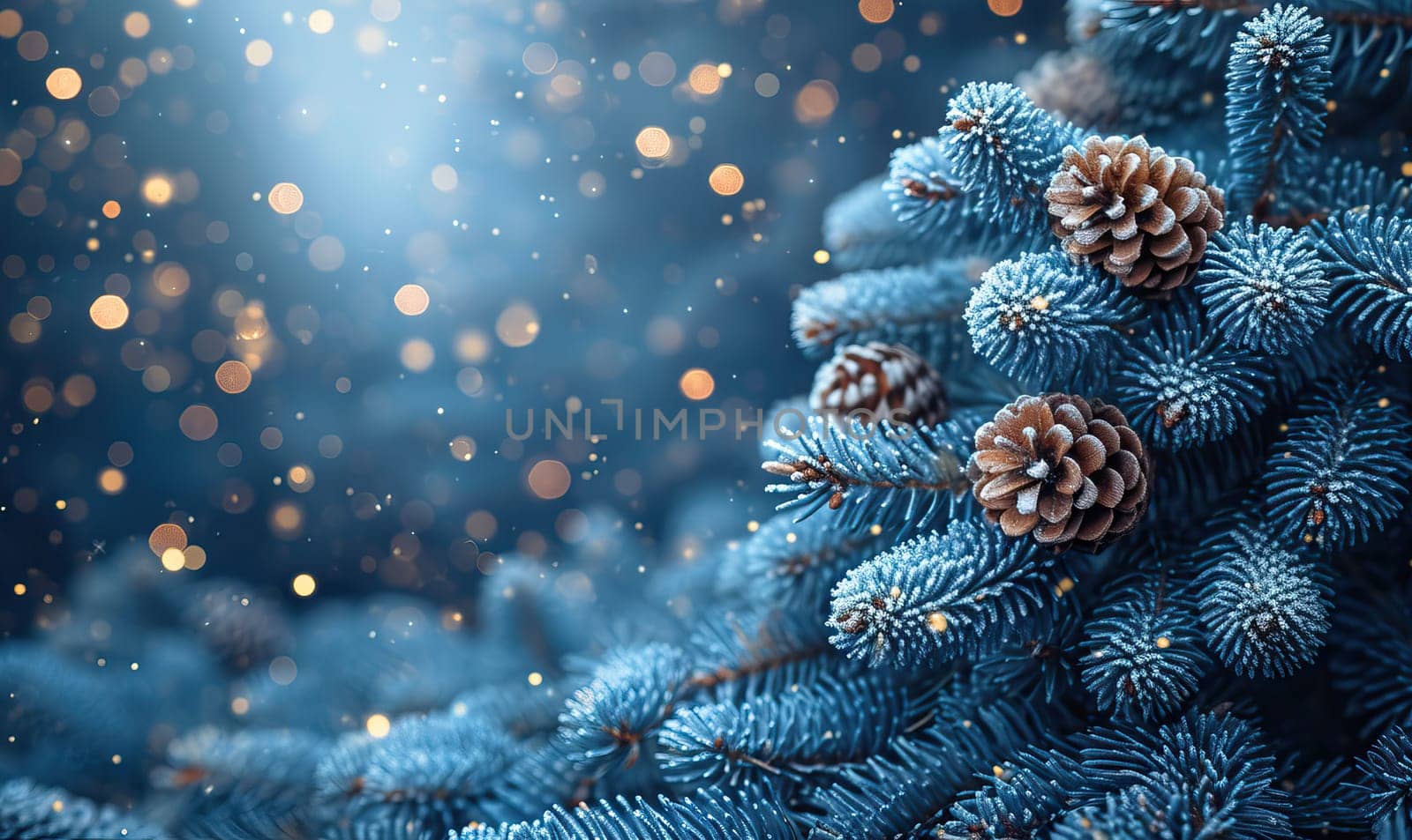 Blue Christmas tree adorned with pine cones.