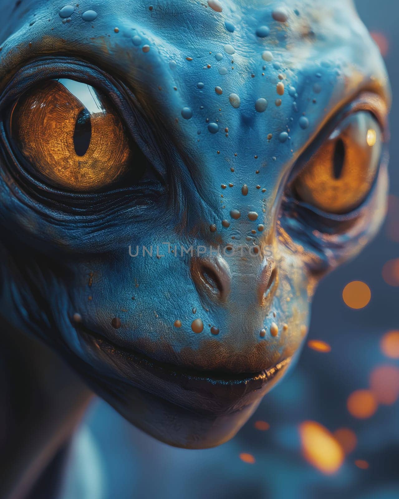 Close-up of Blue Alien Face With Golden Eyes by Fischeron