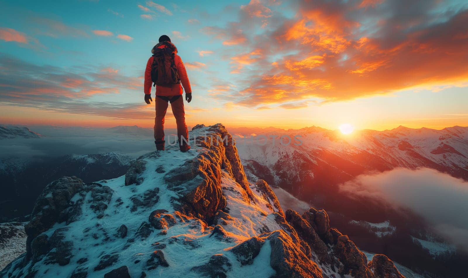 A man stands on the peak of a snowy mountain, surrounded by white landscape.