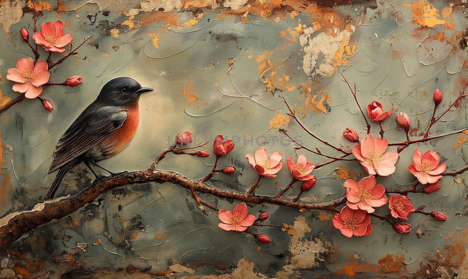 Bird perched on a flowering twig, artistic background.