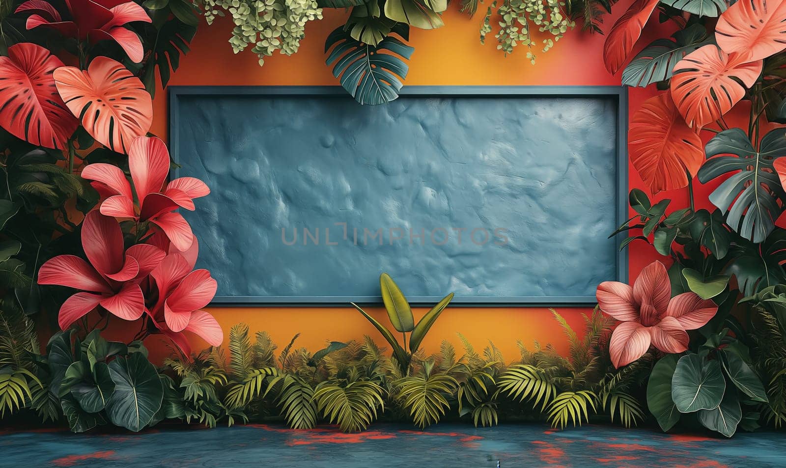 A vibrant painting featuring tropical flowers and lush green plants.