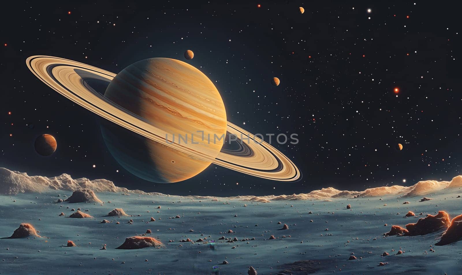 Saturn dominates the sky above a rocky exoplanet.