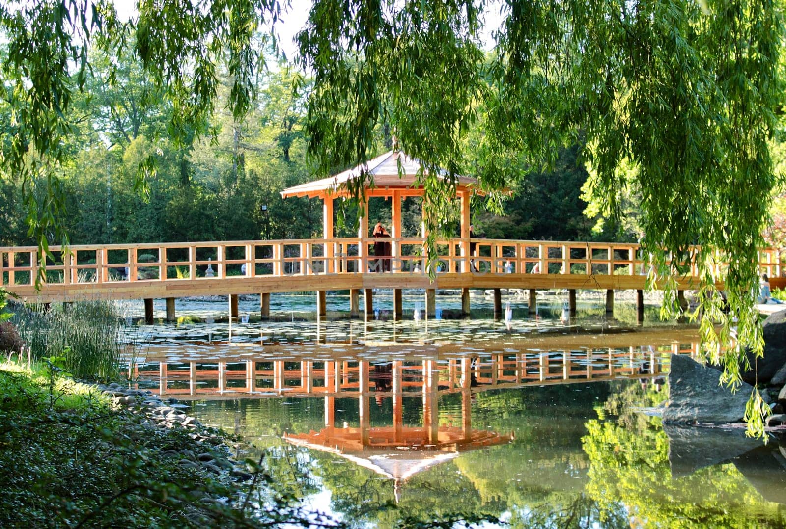 A wooden bridge and a gazebo across the river in a picturesque garden. High quality photo