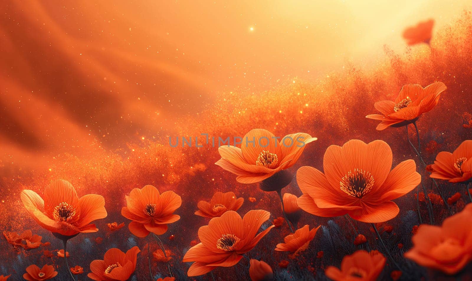 A painting depicting a vibrant field filled with orange flowers.