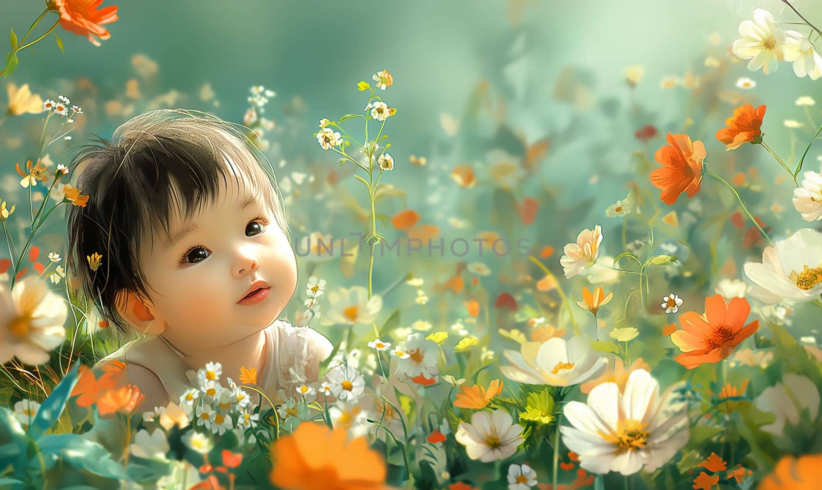 Toddler in a field of colorful spring flowers