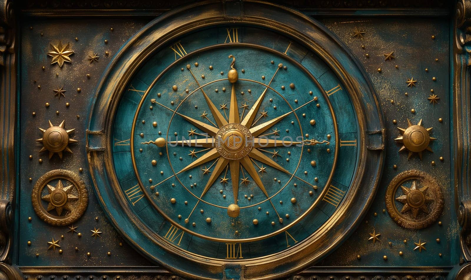 Detailed view of clock featuring a star symbol on its surface.
