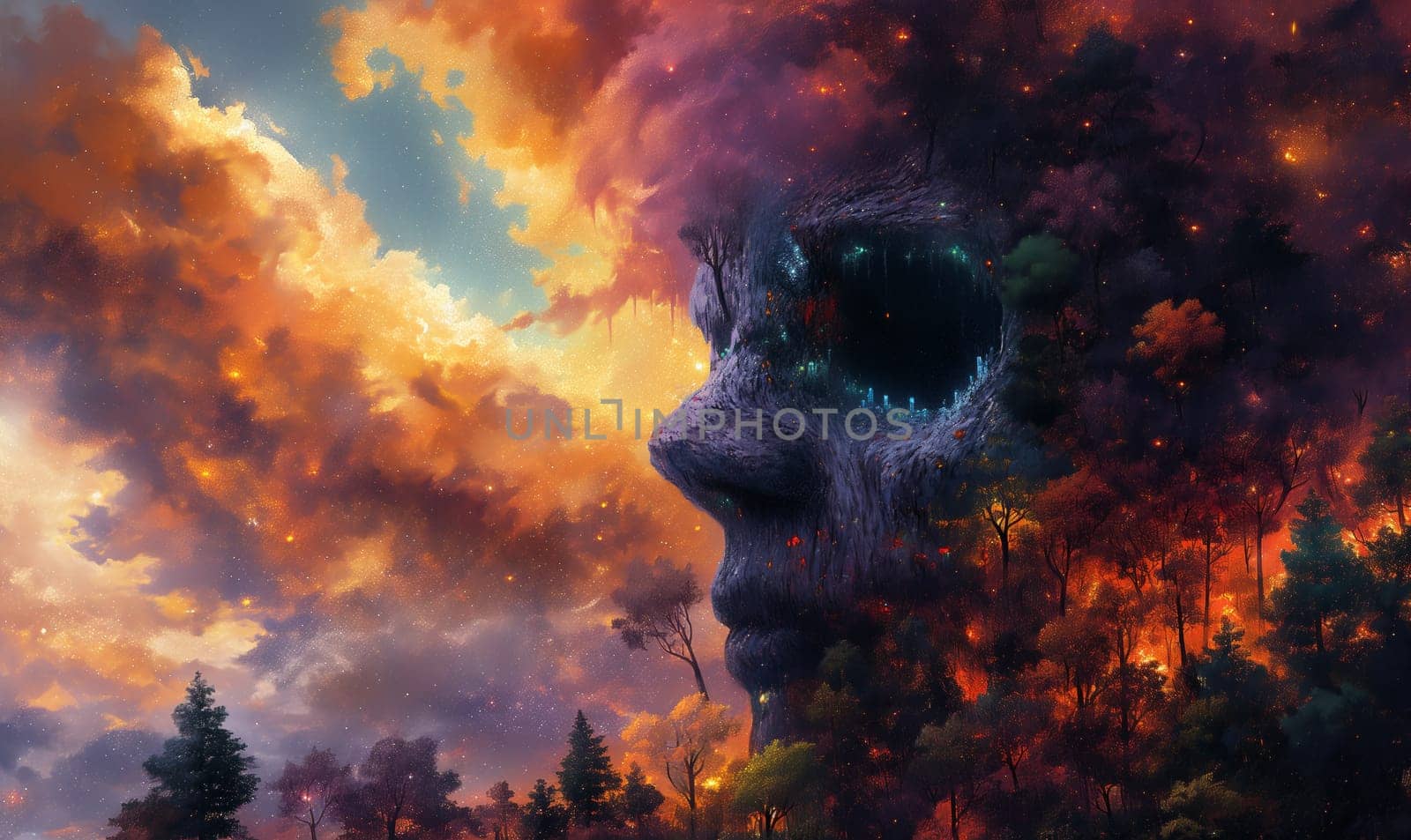 Silhouette of a face merging with a vibrant forest sky.