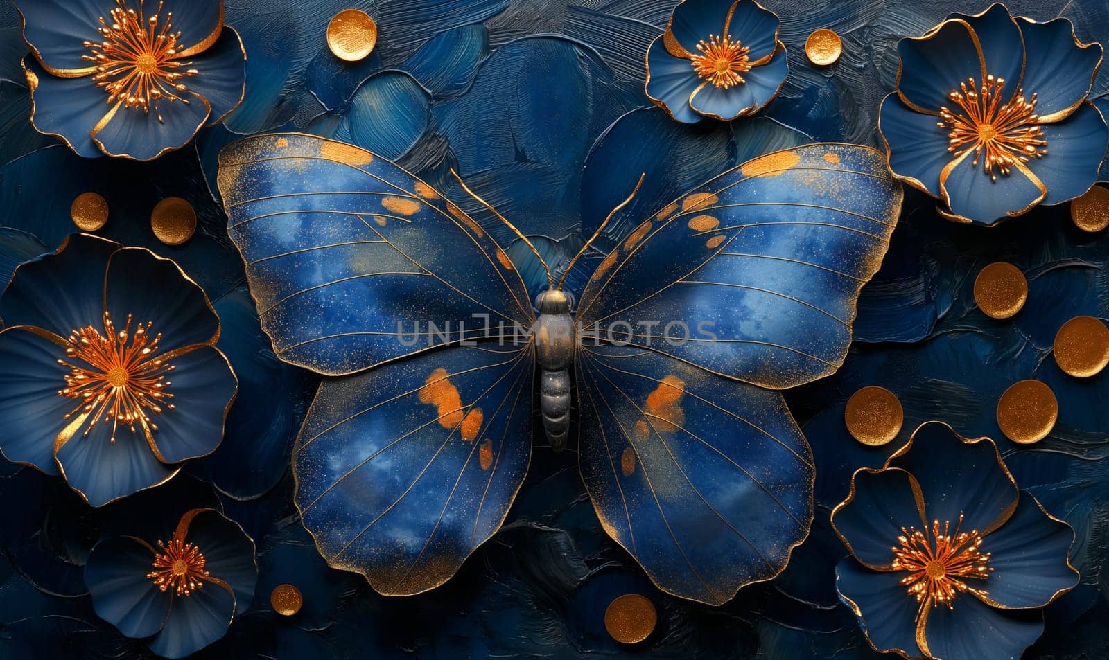 A blue butterfly displaying orange spots on its wings.