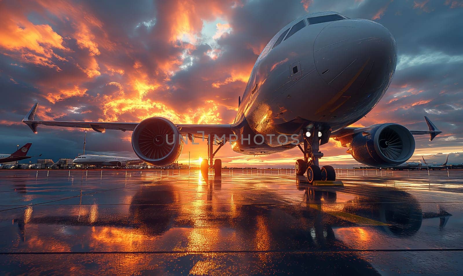 A commercial aircraft, jetliner, parked on airport tarmac.
