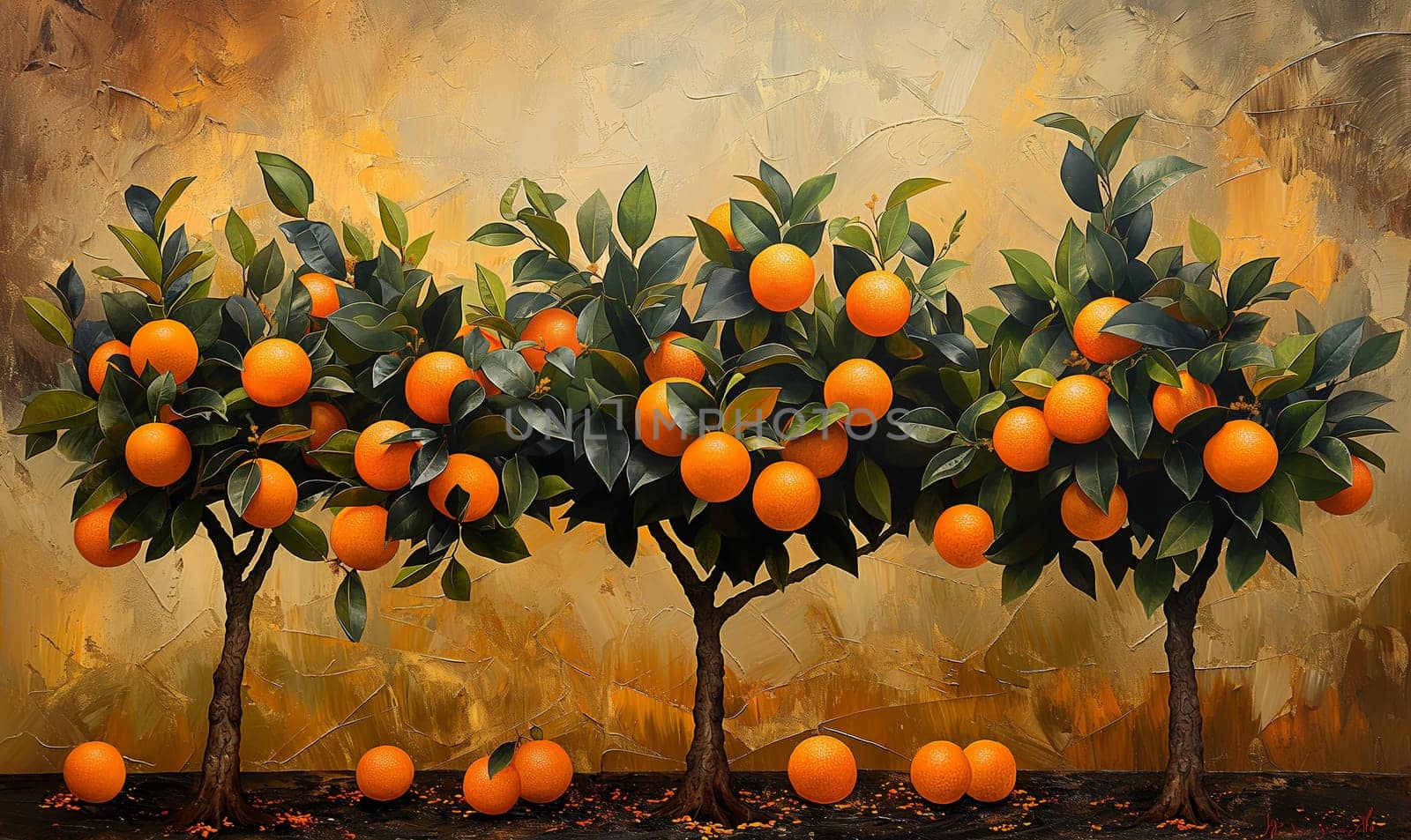 A painting depicting a cluster of orange trees.